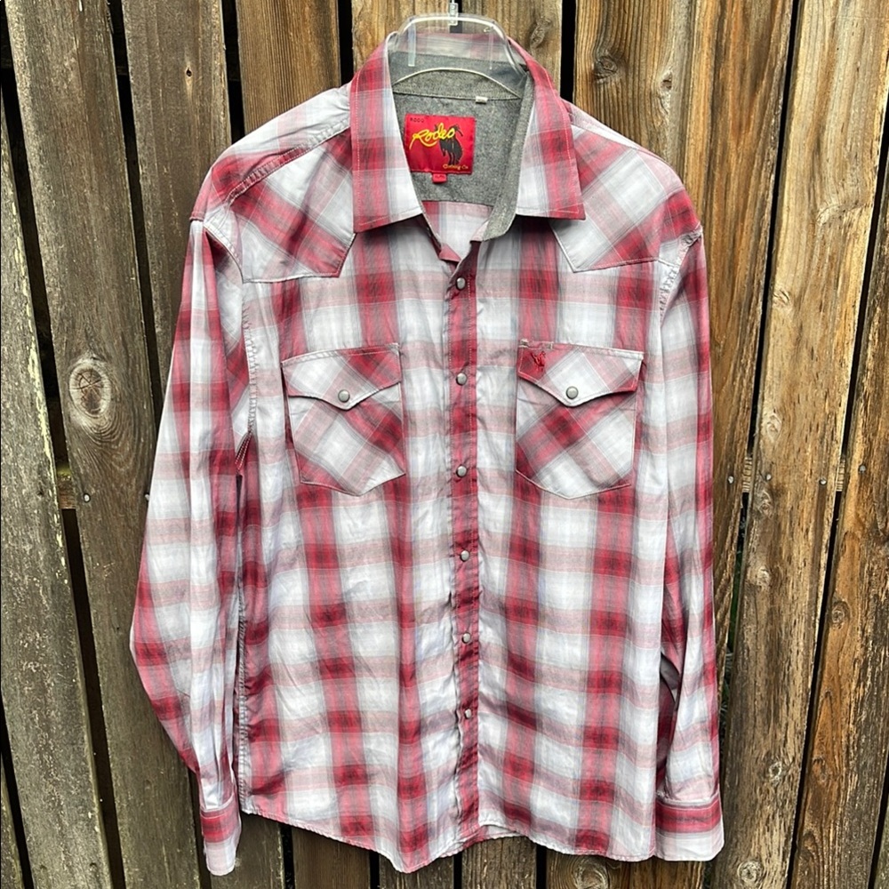 Rodeo Clothing Co XL Mens Snap Shirt Plaid Western Long Sleeve Burgundy Red